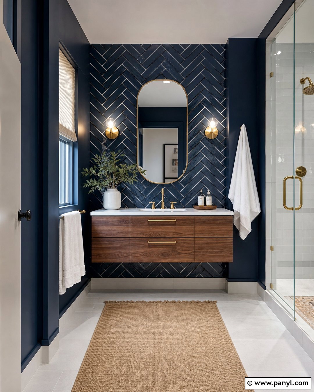 Dark Blue Bathroom With Herringbone Tile - 30 Dark Blue Bathroom Walls