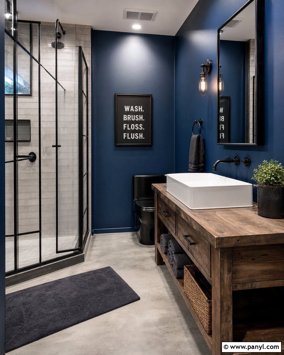 Dark Blue Bathroom With Industrial Details - 30 Dark Blue Bathroom Walls
