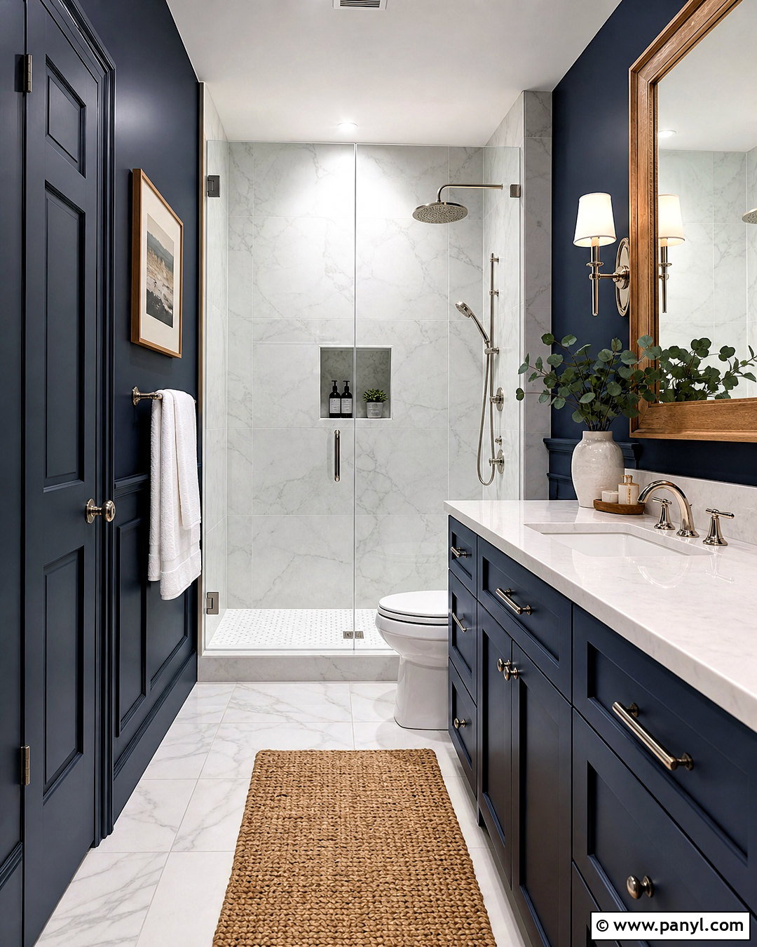 Dark Blue Bathroom With Marble Tile - 20 dark blue interior design ideas