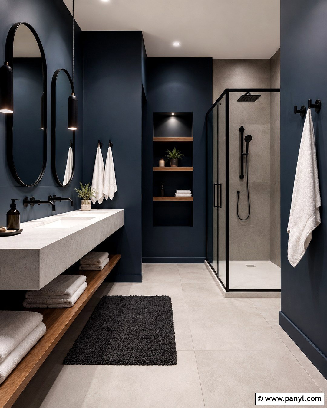 Dark Blue Bathroom With Matte Black Fixtures - 20 Dark Blue Wall Bathroom Ideas