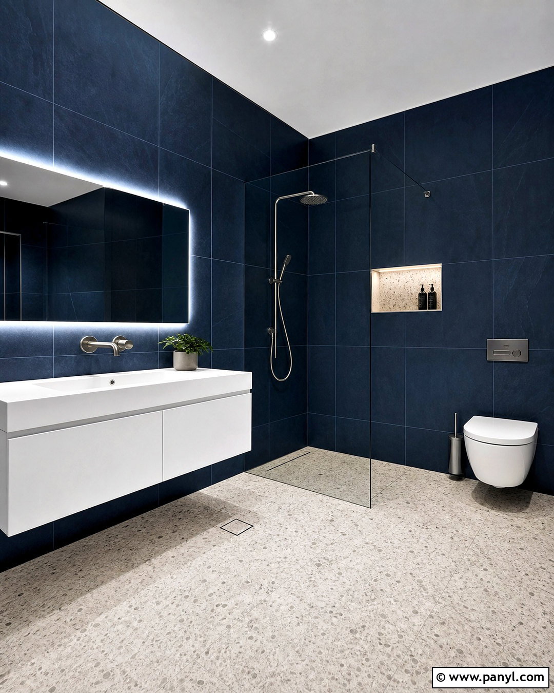 Dark Blue Bathroom With Modern Tile - 20 dark blue bathroom ideas