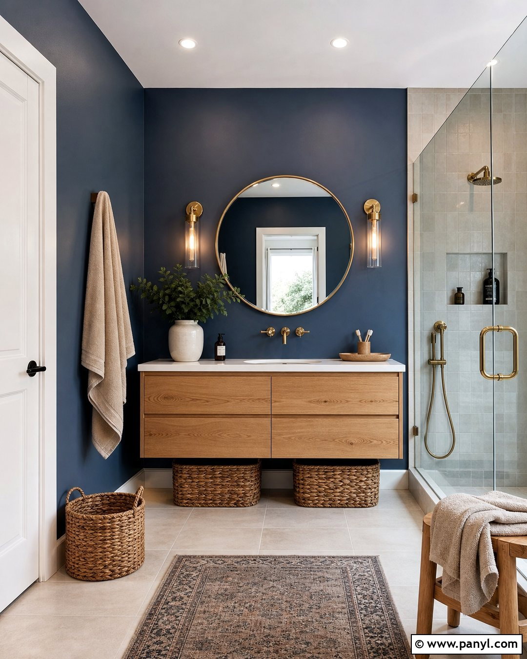 Dark Blue Bathroom With Natural Oak Vanity - 30 Dark Blue Bathroom Walls