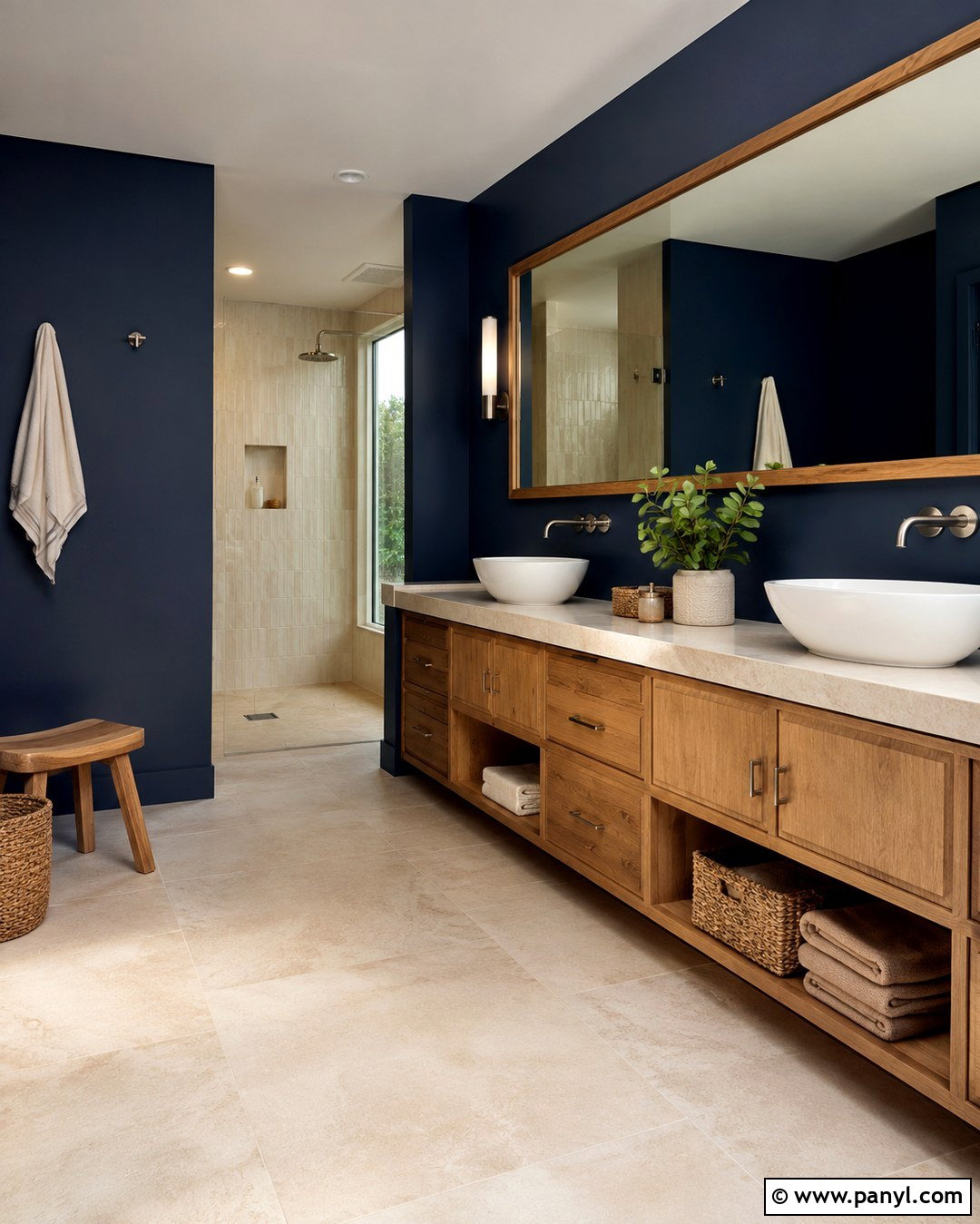 Dark Blue Bathroom With Natural Wood - 20 Dark Blue Wall Bathroom Ideas