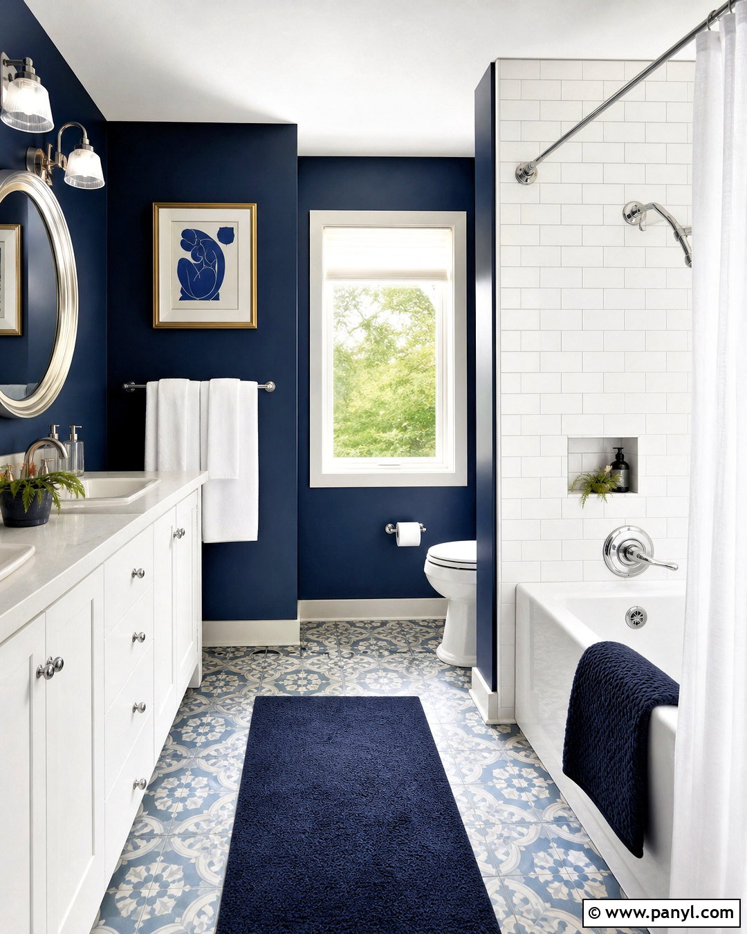 Dark Blue Bathroom With Patterned Floor Tile - 20 dark blue bathroom ideas