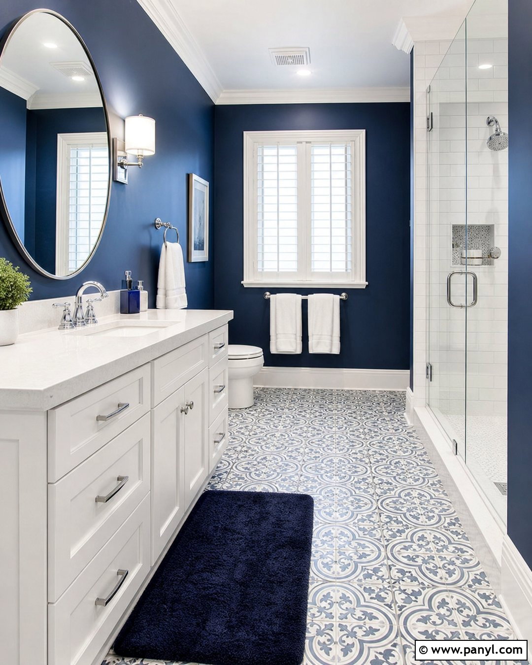 Dark Blue Bathroom With Patterned Floor Tile - 30 Dark Blue Bathroom Walls