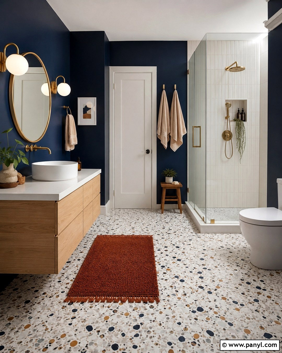 Dark Blue Bathroom With Terrazzo Floor - 20 Dark Blue Wall Bathroom Ideas
