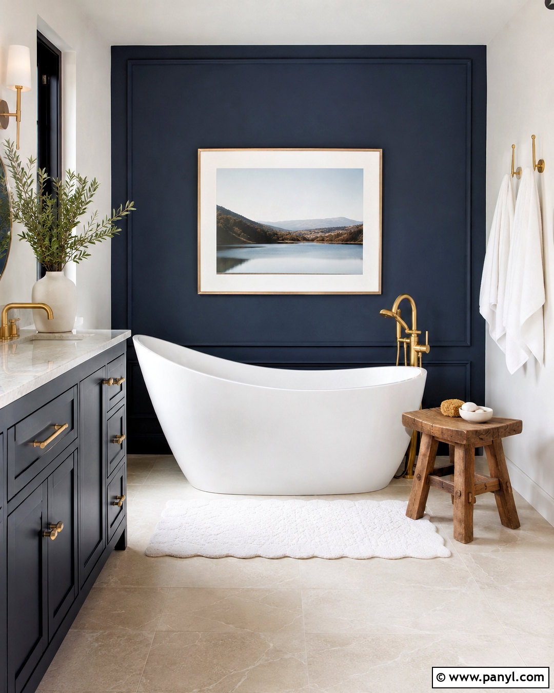 Dark Blue Bathroom With White Freestanding Tub - 20 dark blue and white bathroom ideas