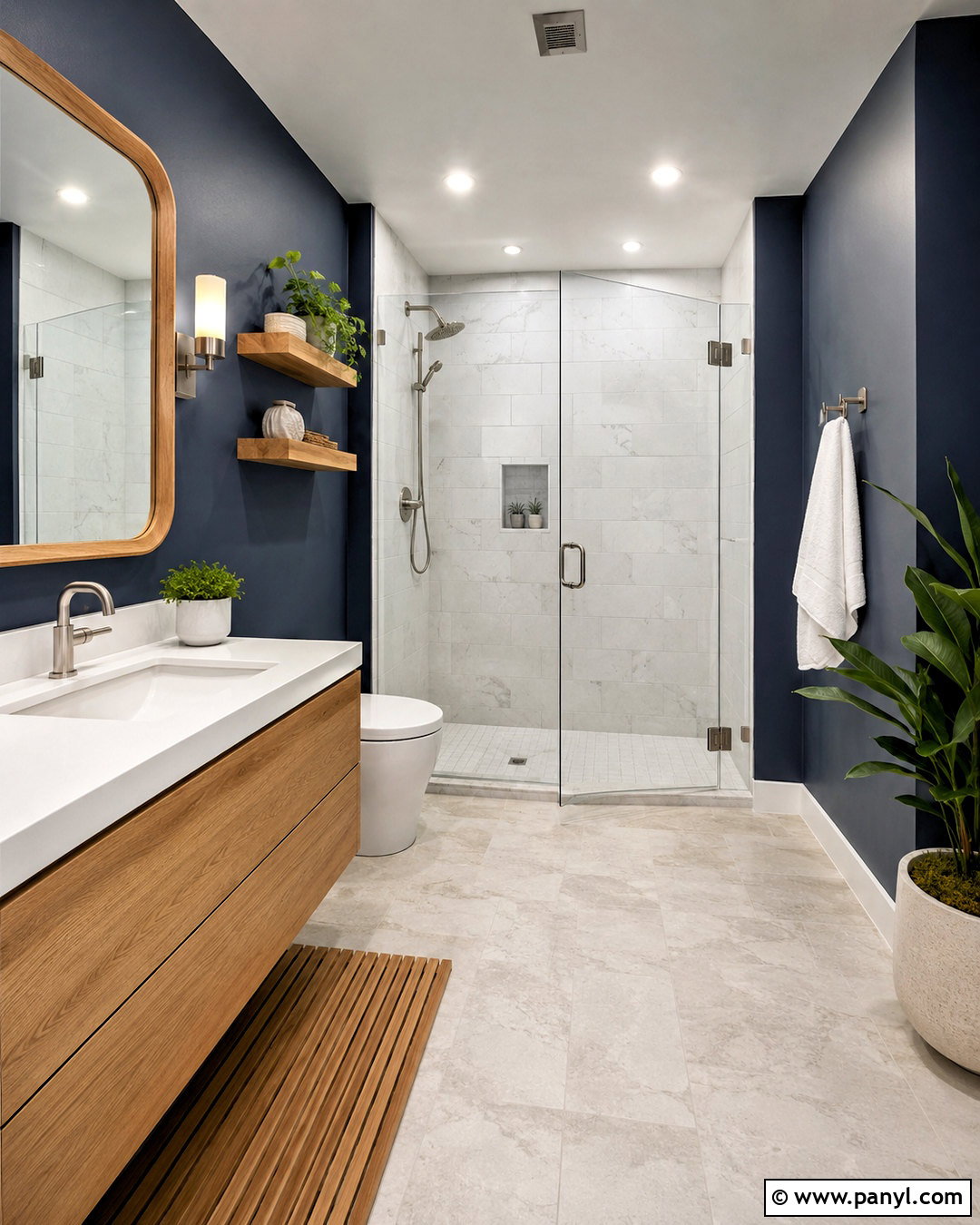 Dark Blue Bathroom With Wood Accents - 20 dark blue and white bathroom ideas