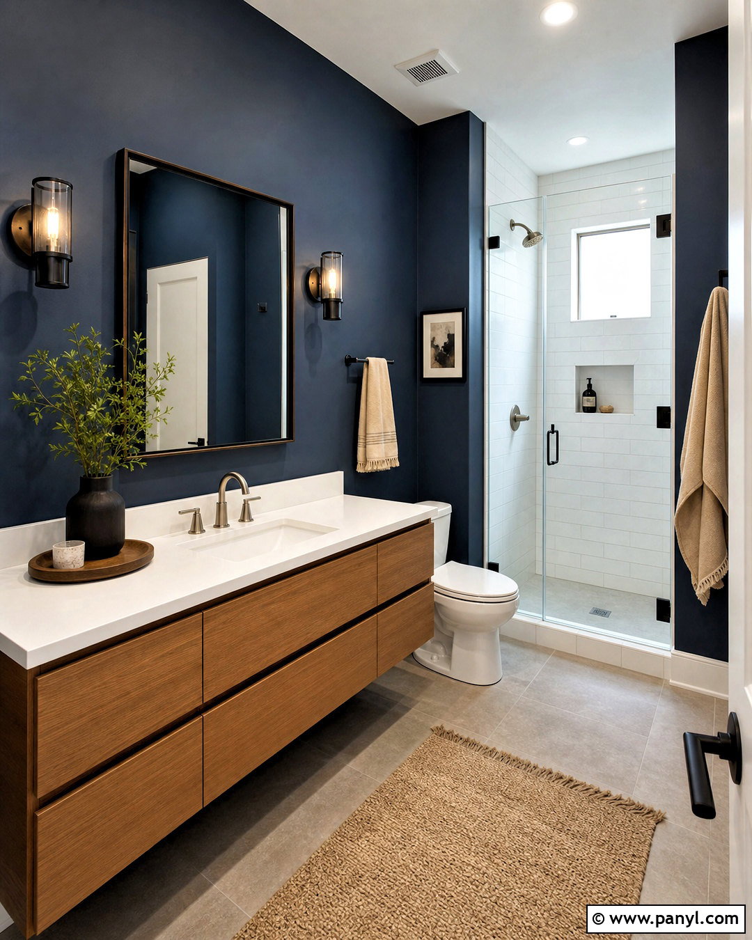 Dark Blue Bathroom With Wood Vanity - 20 dark blue bathroom ideas