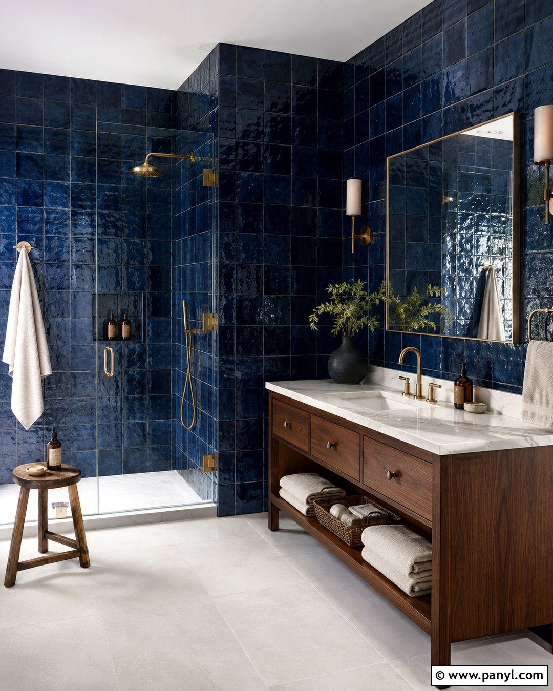 Dark Blue Bathroom With Zellige Tile - 20 Dark Blue Wall Bathroom Ideas