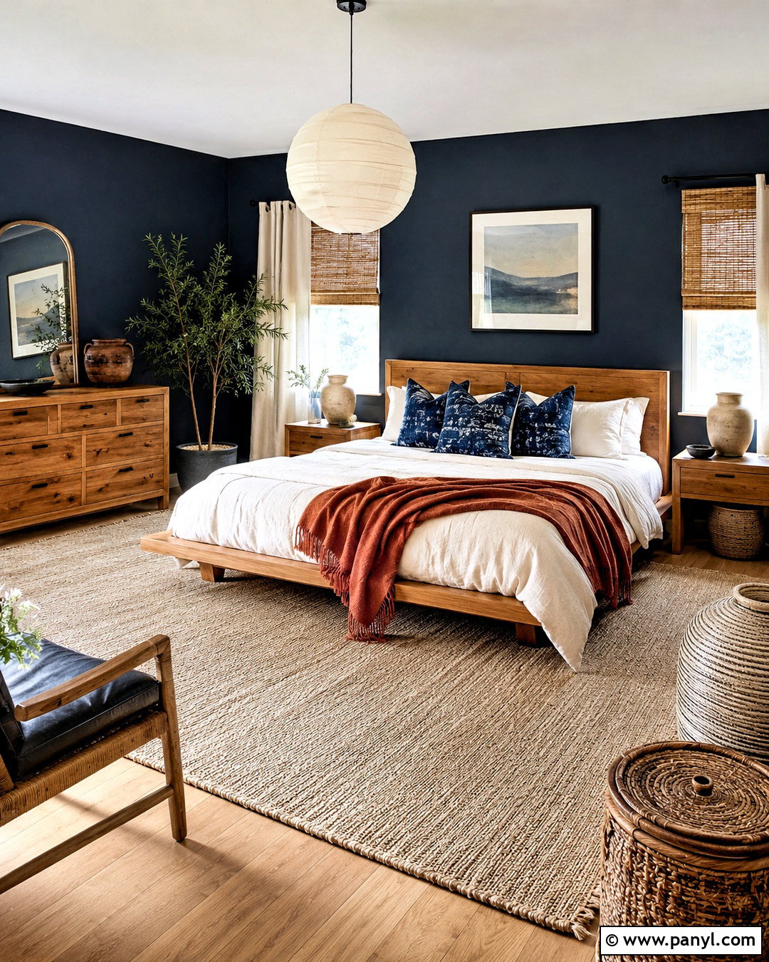 Dark Blue Bedroom With Natural Wood - 20 dark blue bedroom aesthetic ideas