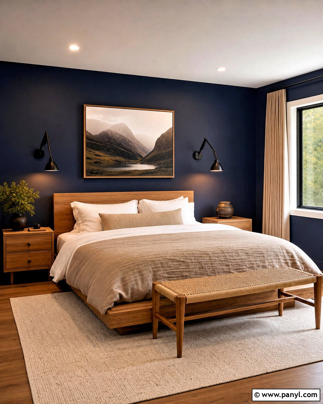 Dark Blue Bedroom With Warm Wood - 20 dark blue interior design ideas