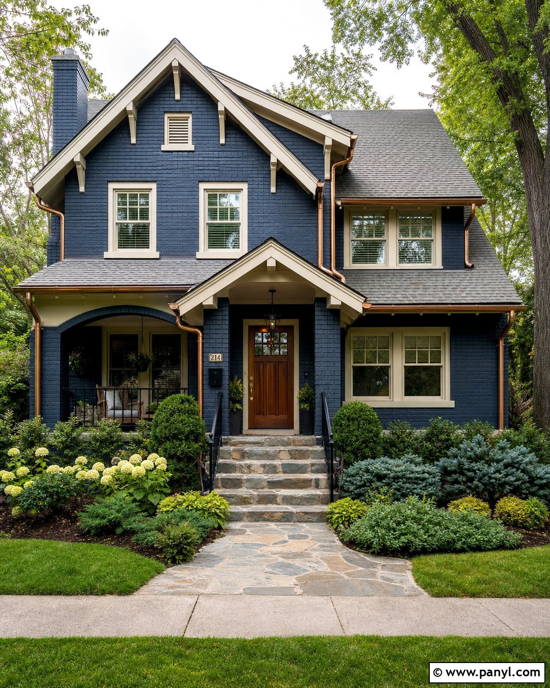 Dark Blue Brick With Copper Gutters - 20 Dark Blue Painted Brick Ideas