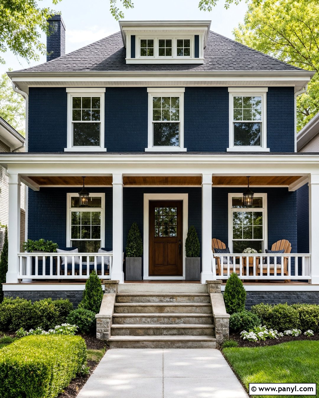 Dark Blue Brick With Covered Porch - 20 Dark Blue Painted Brick Ideas