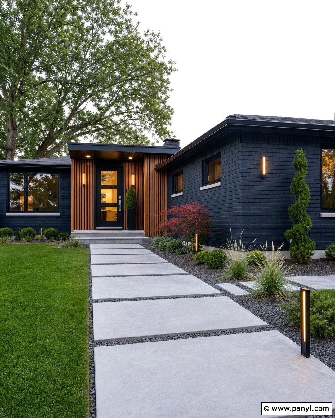 Dark Blue Brick With Modern Wood Slats - 20 Dark Blue Painted Brick Ideas