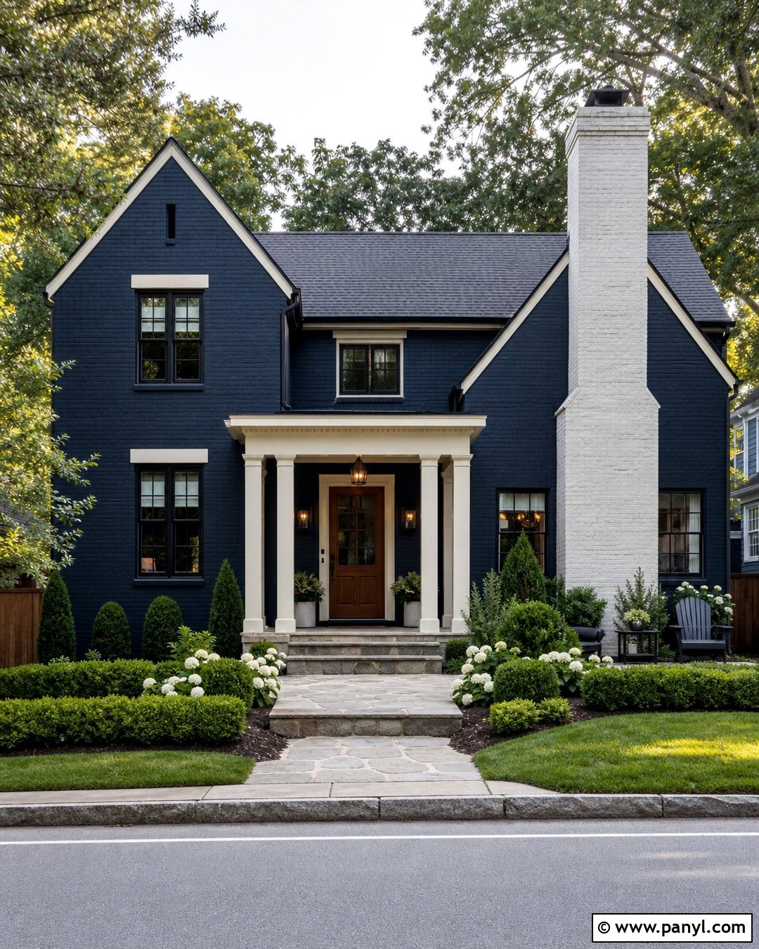 Dark Blue Brick With Whitewashed Chimney - 20 Dark Blue Painted Brick Ideas