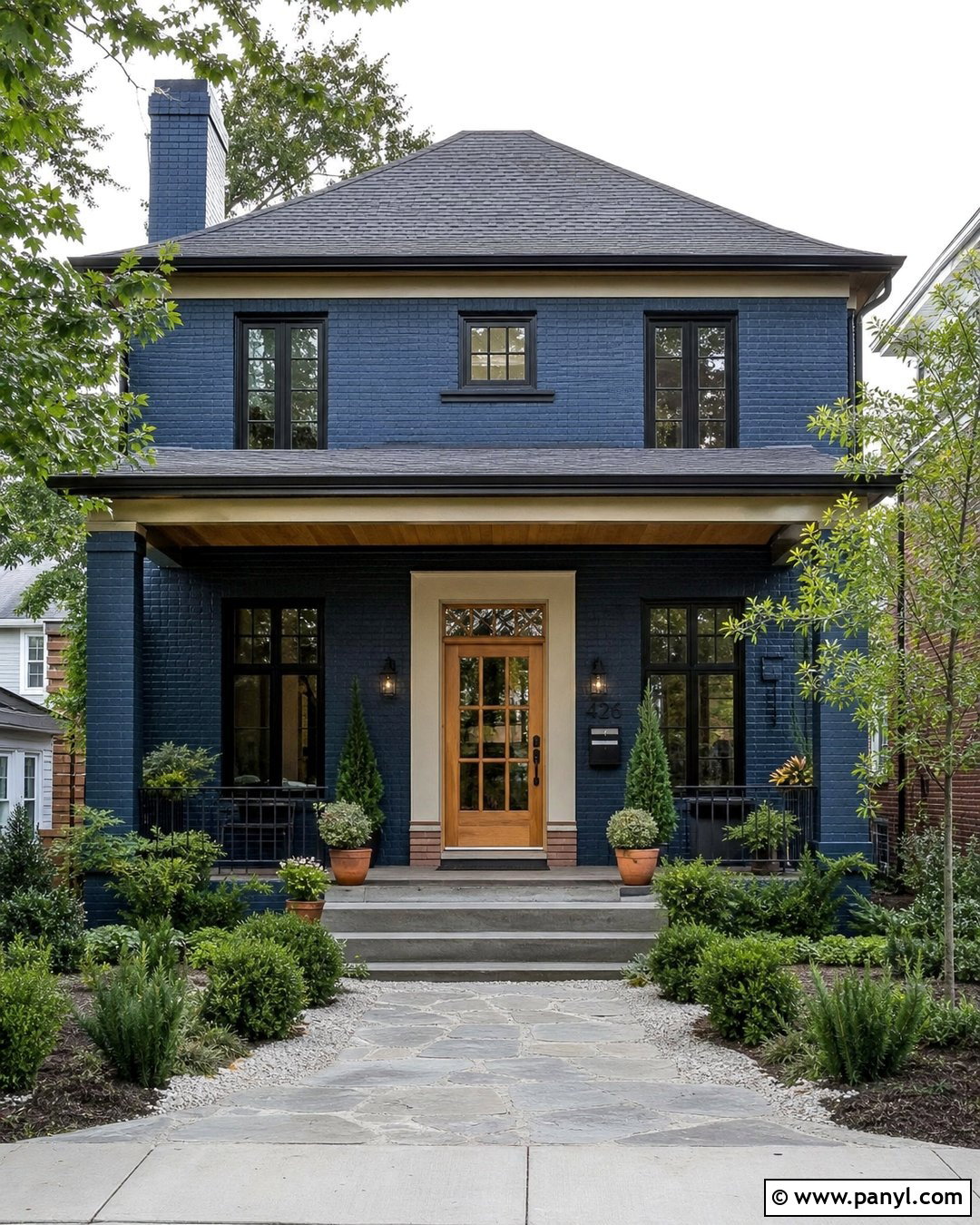 Dark Blue Brick With Wood Door - 20 Dark Blue Painted Brick Ideas