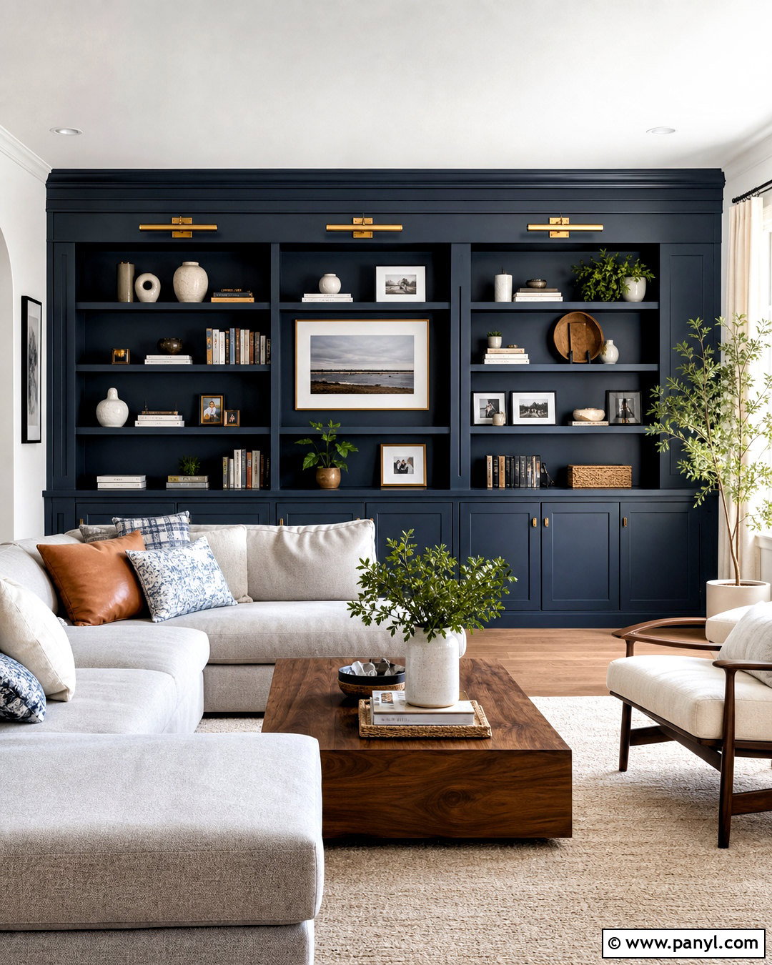 Dark Blue Built-In Bookcase Wall - 20 dark blue accent wall living room ideas