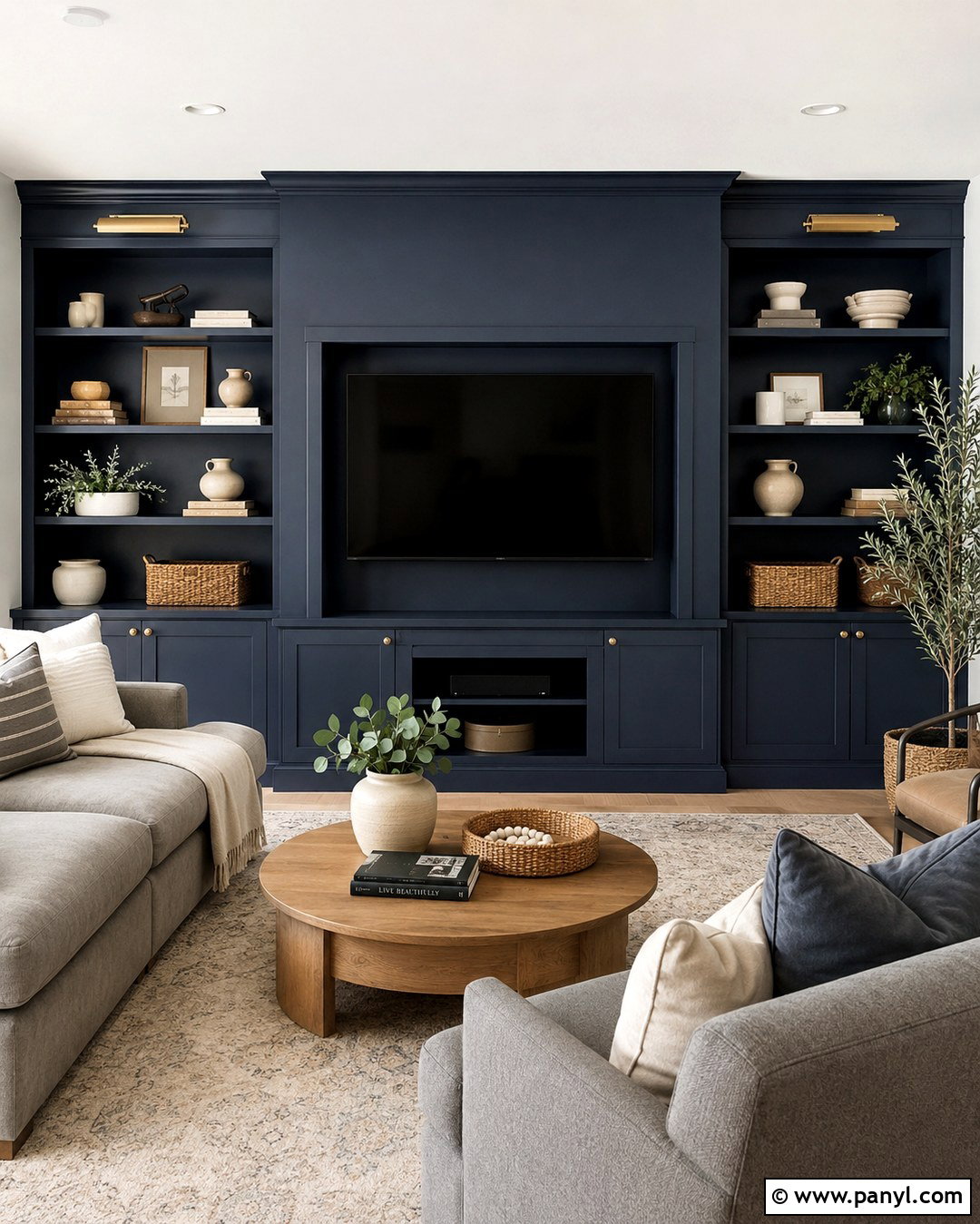 Dark Blue Built-In TV Wall - 20 Tv Wall Dark Paint Ideas