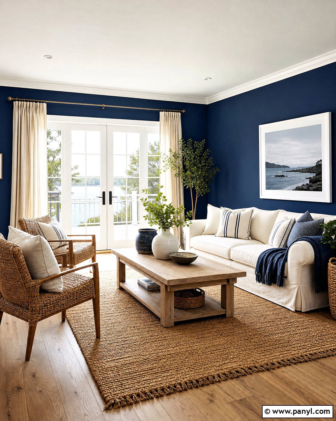 Dark Blue Coastal Living Room With Natural Textures - 20 dark blue wall paint ideas