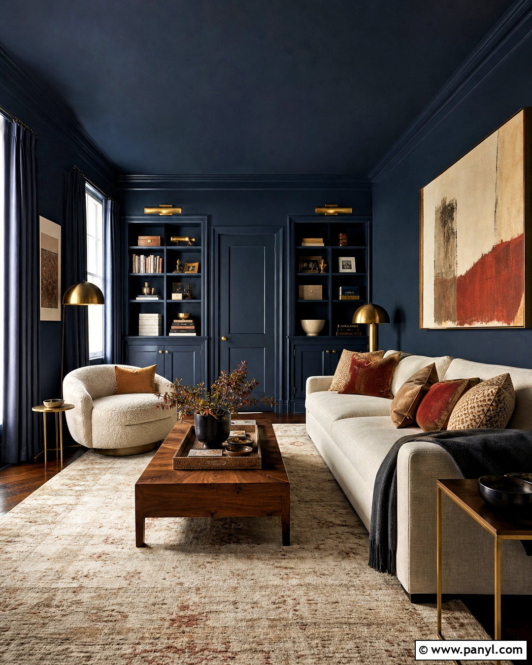 Dark Blue Color Drenched Living Room - 20 dark blue walls living room ideas