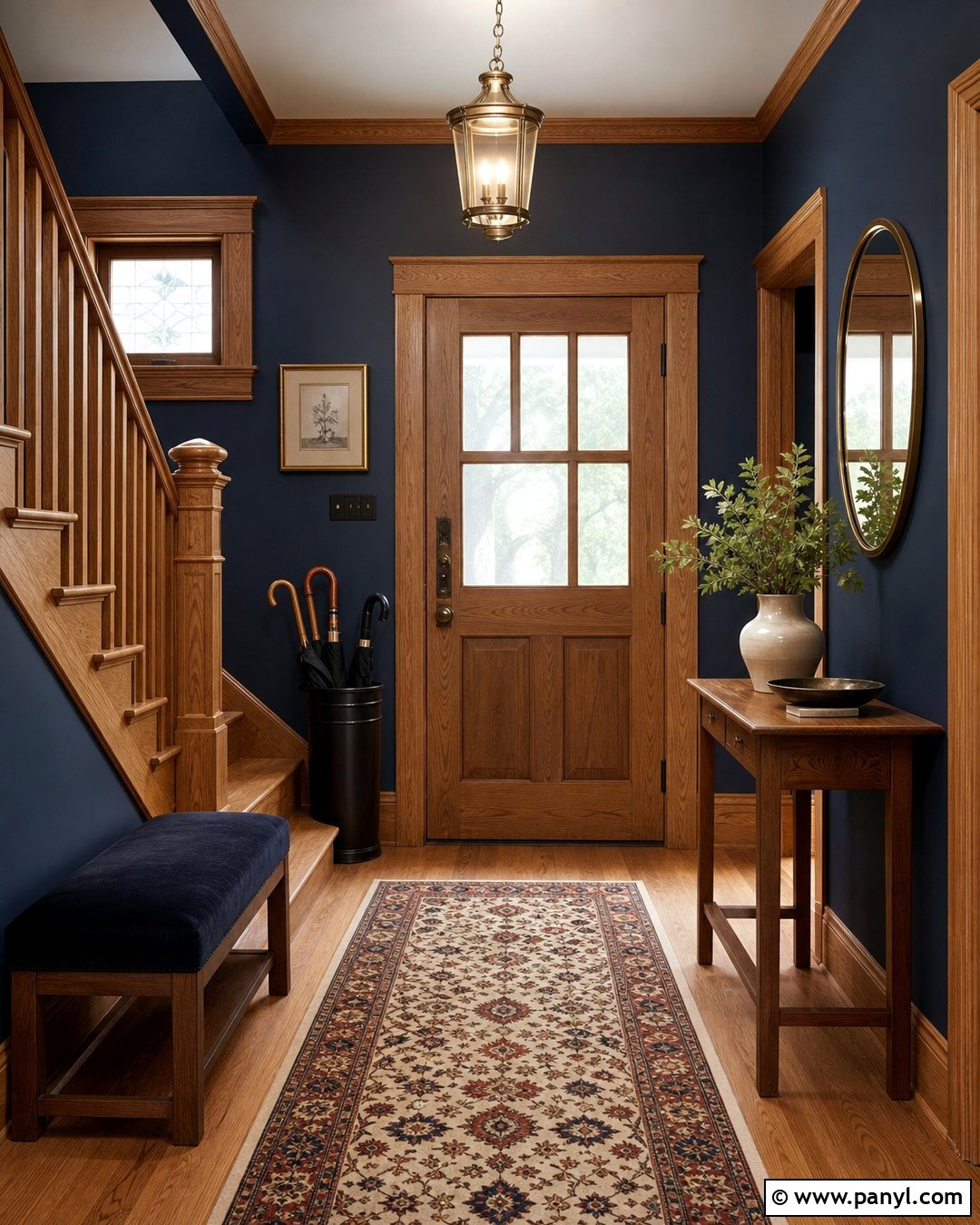 Dark Blue Entryway With Oak Woodwork - 20 Dark Walls Unpainted Woodwork Ideas