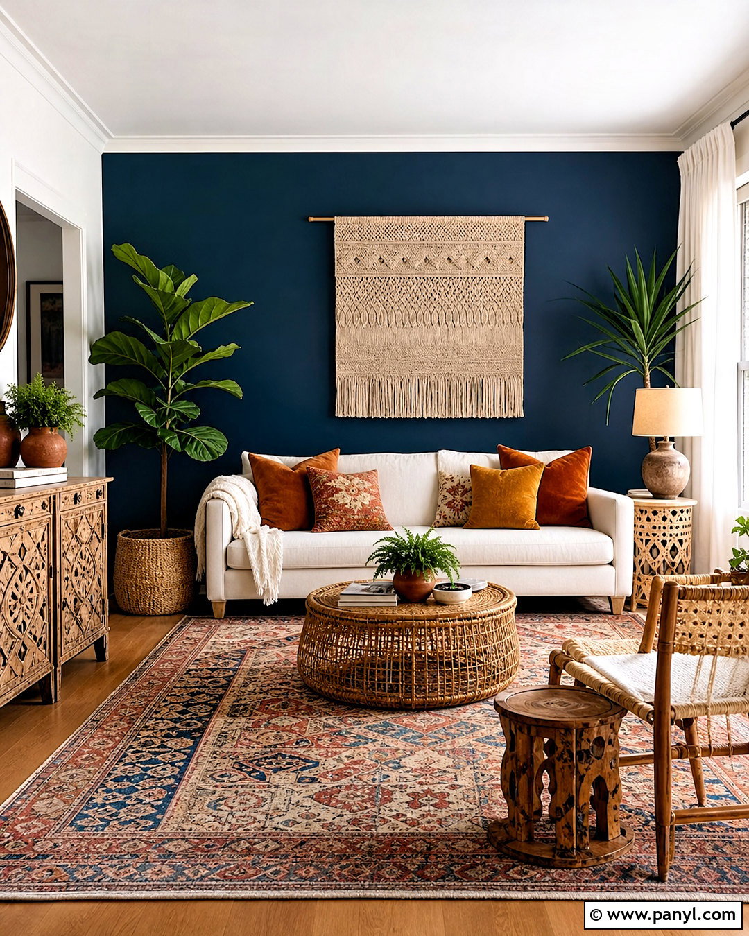 Dark Blue Feature Wall With Boho Decor - 20 dark blue feature wall living room ideas