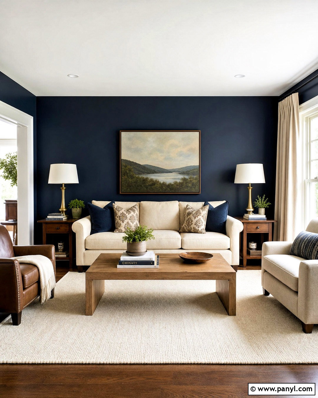 Dark Blue Feature Wall With Cream Sofa - 20 dark blue feature wall living room ideas