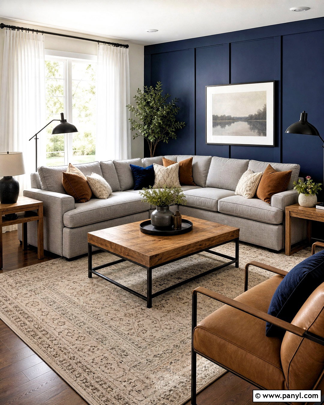 Dark Blue Feature Wall With Gray Sectional - 20 dark blue feature wall living room ideas
