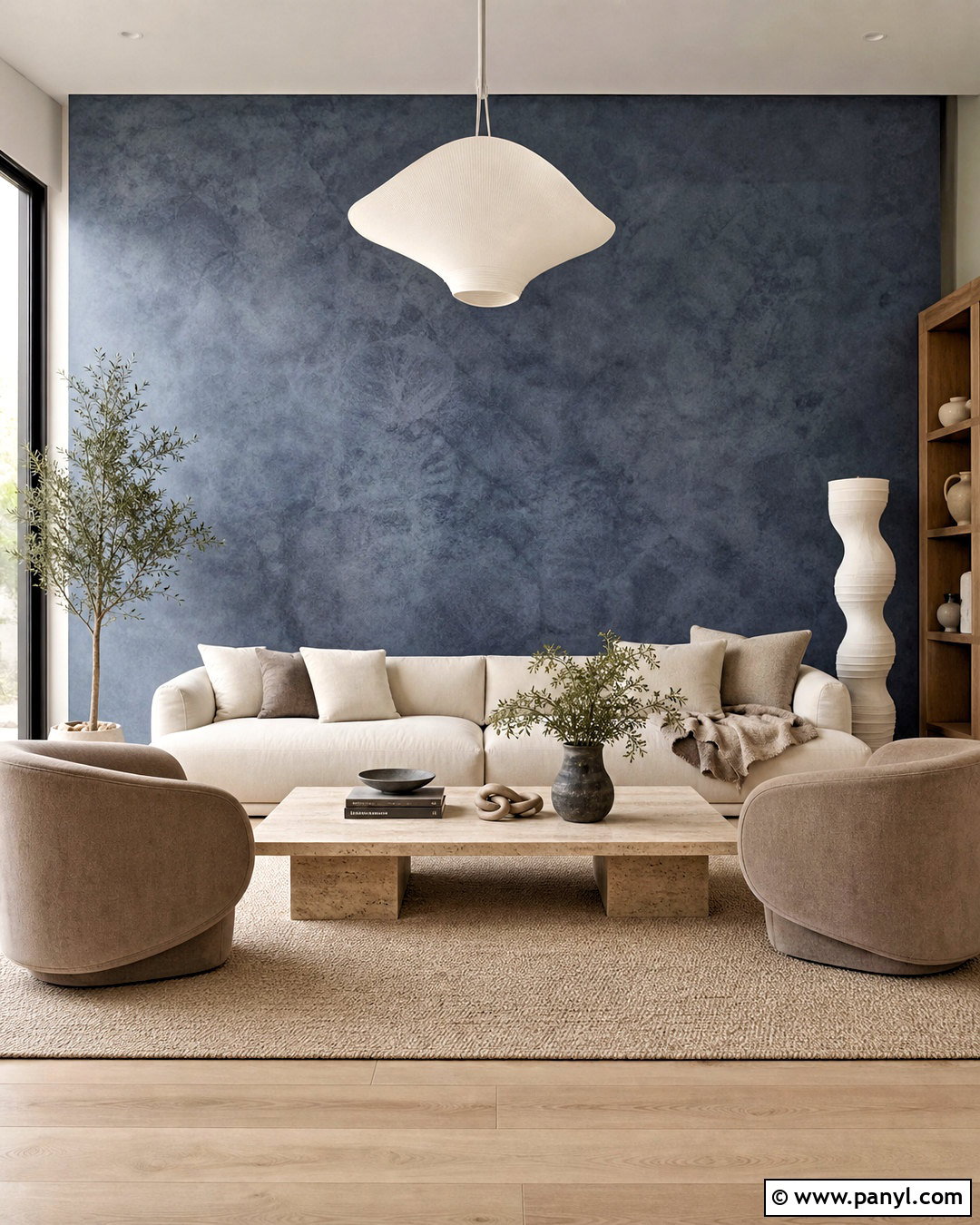 Dark Blue Feature Wall With Limewash Texture - 20 dark blue feature wall living room ideas