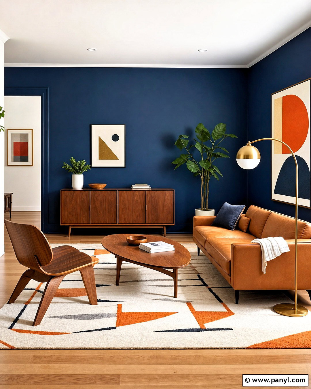 Dark Blue Feature Wall With Midcentury Furniture - 20 dark blue feature wall living room ideas