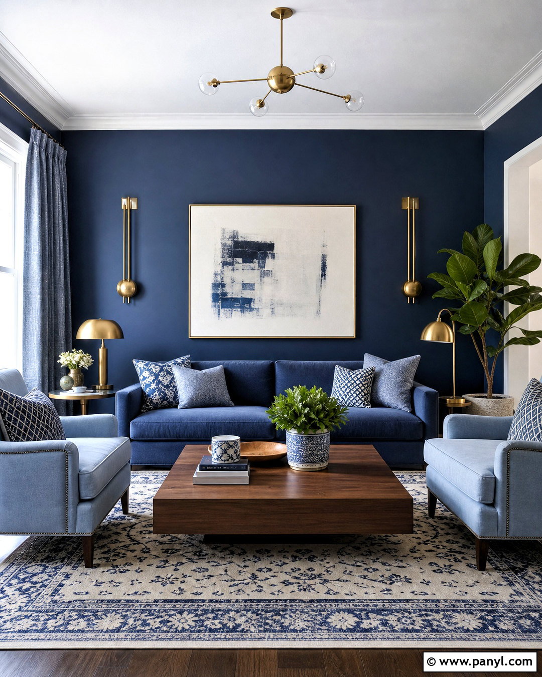 Dark Blue Feature Wall With Monochromatic Decor - 20 dark blue feature wall living room ideas