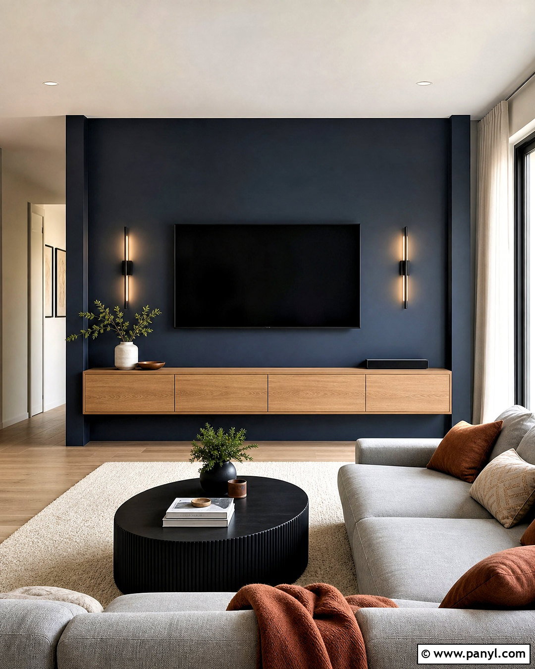 Dark Blue Feature Wall With TV - 20 dark blue feature wall living room ideas
