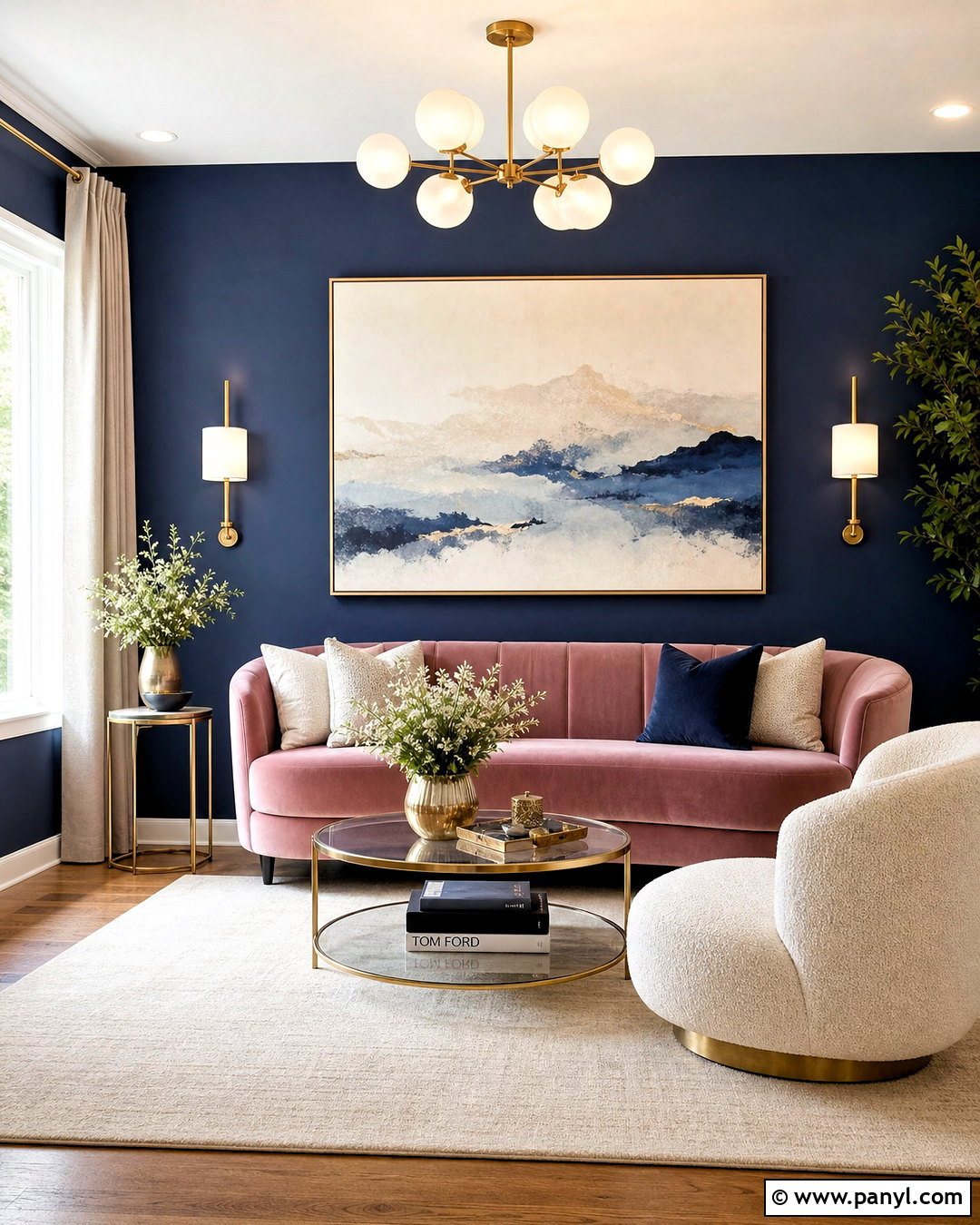 Dark Blue Feature Wall With Velvet Furniture - 20 dark blue feature wall living room ideas