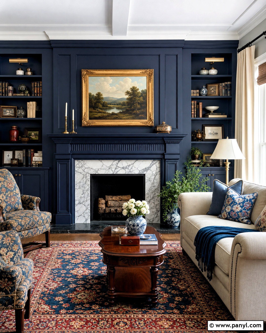 Dark Blue Fireplace In A Traditional Living Room - 20 dark blue fireplace ideas