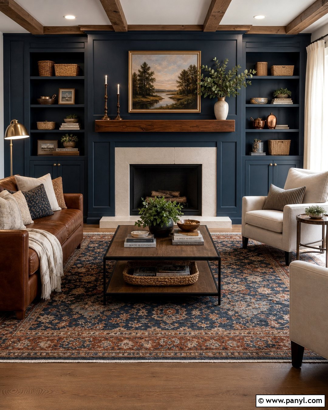 Dark Blue Fireplace Wall With Brown Leather Sofa - 20 Dark Blue Accent Wall Living Room With Fireplace Ideas