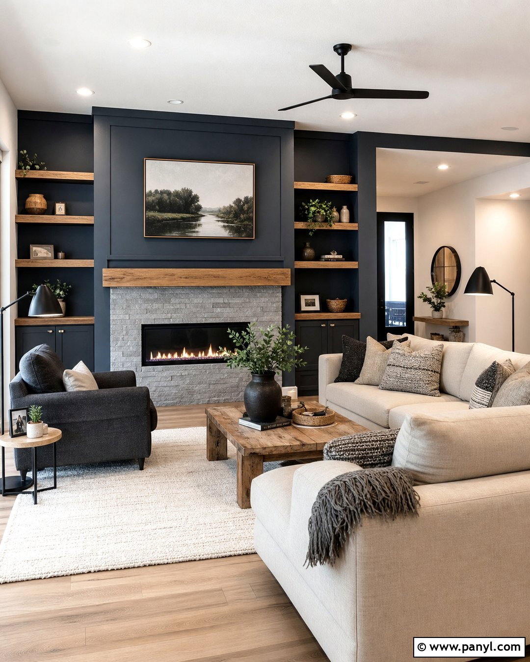 Dark Blue Fireplace Wall With Gray Stone - 20 Dark Blue Accent Wall Living Room With Fireplace Ideas