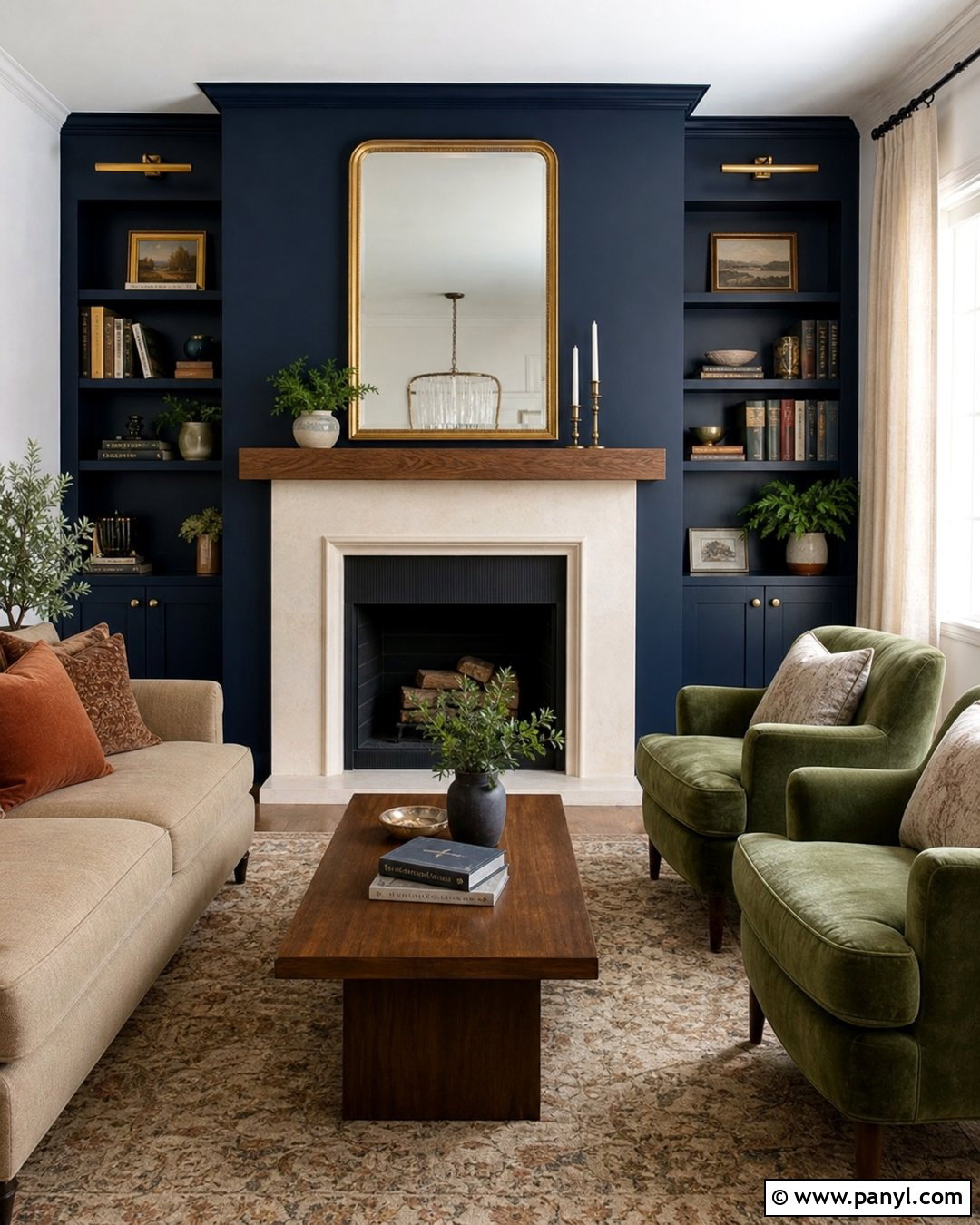 Dark Blue Fireplace Wall With Olive Green Chairs - 20 Dark Blue Accent Wall Living Room With Fireplace Ideas