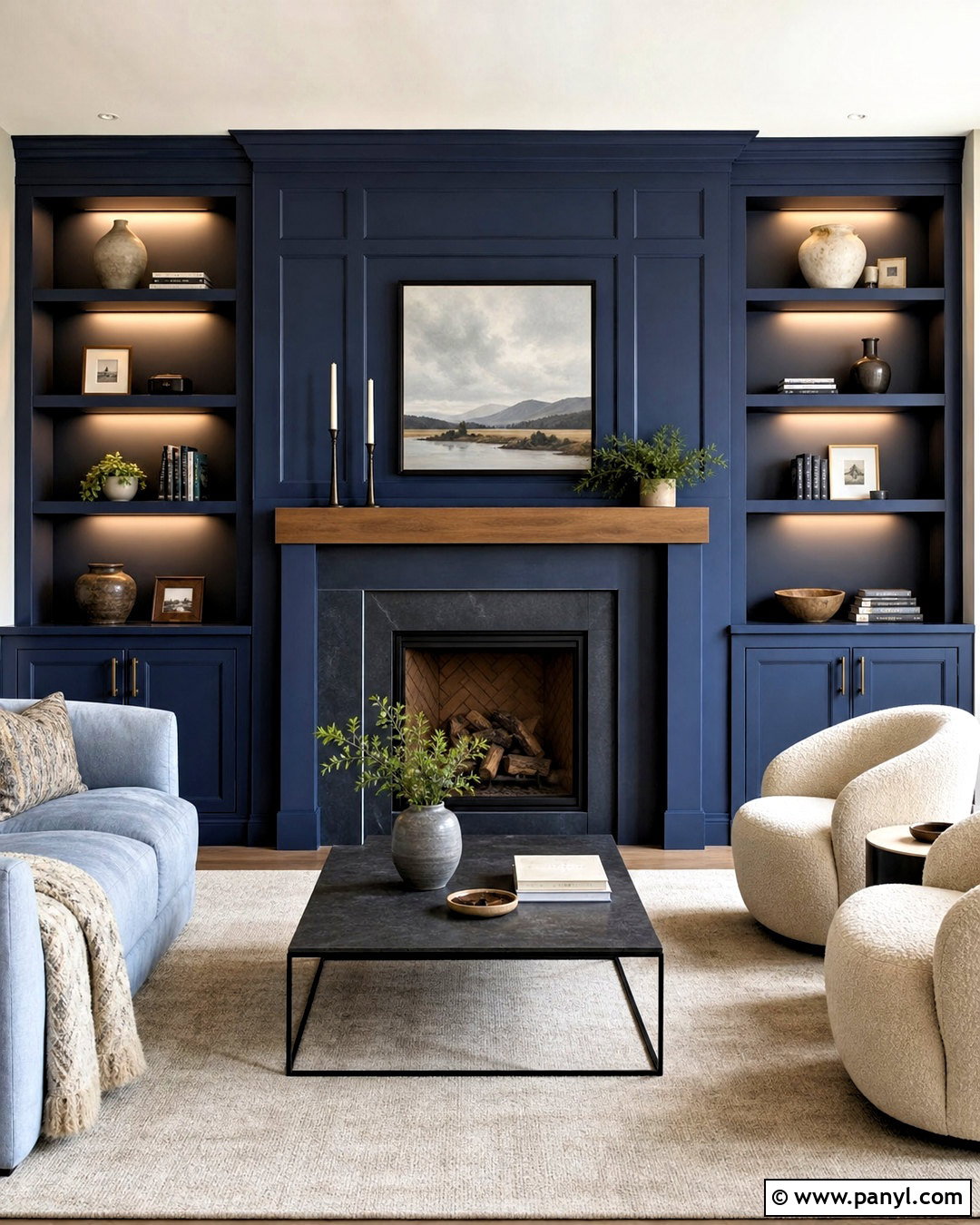 Dark Blue Fireplace With Blue Built-Ins - 20 dark blue fireplace ideas