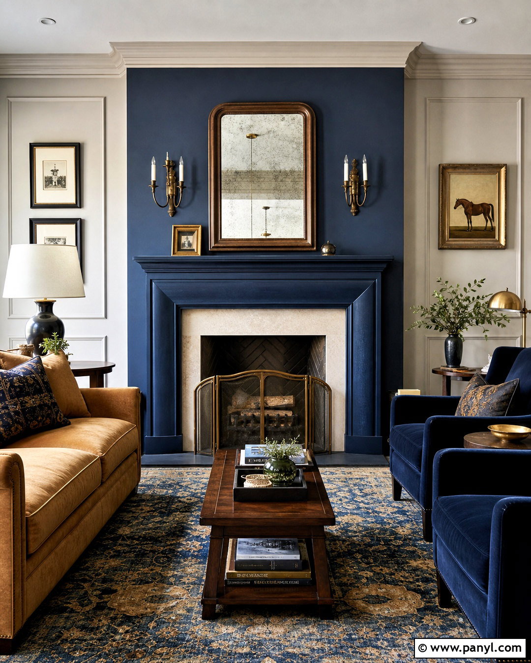 Dark Blue Fireplace With Brass Accents - 20 dark blue fireplace ideas