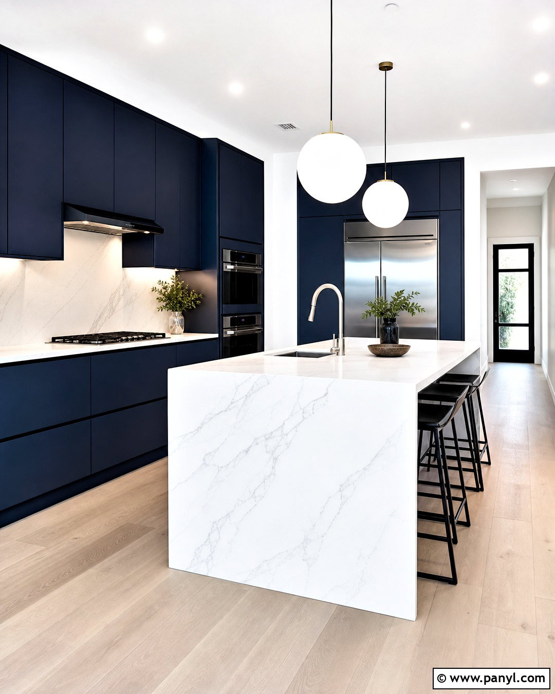 Dark Blue Flat Panel Kitchen With White Marble - 20 dark blue and white kitchen ideas