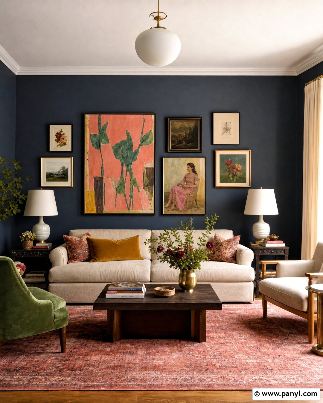 Dark Blue Gallery Wall With Colorful Art - 20 dark blue wall paint ideas