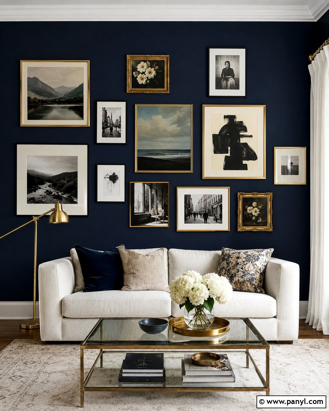 Dark Blue Gallery Wall With Gold Frames - 20 Dark Blue Wall With Gold Accents