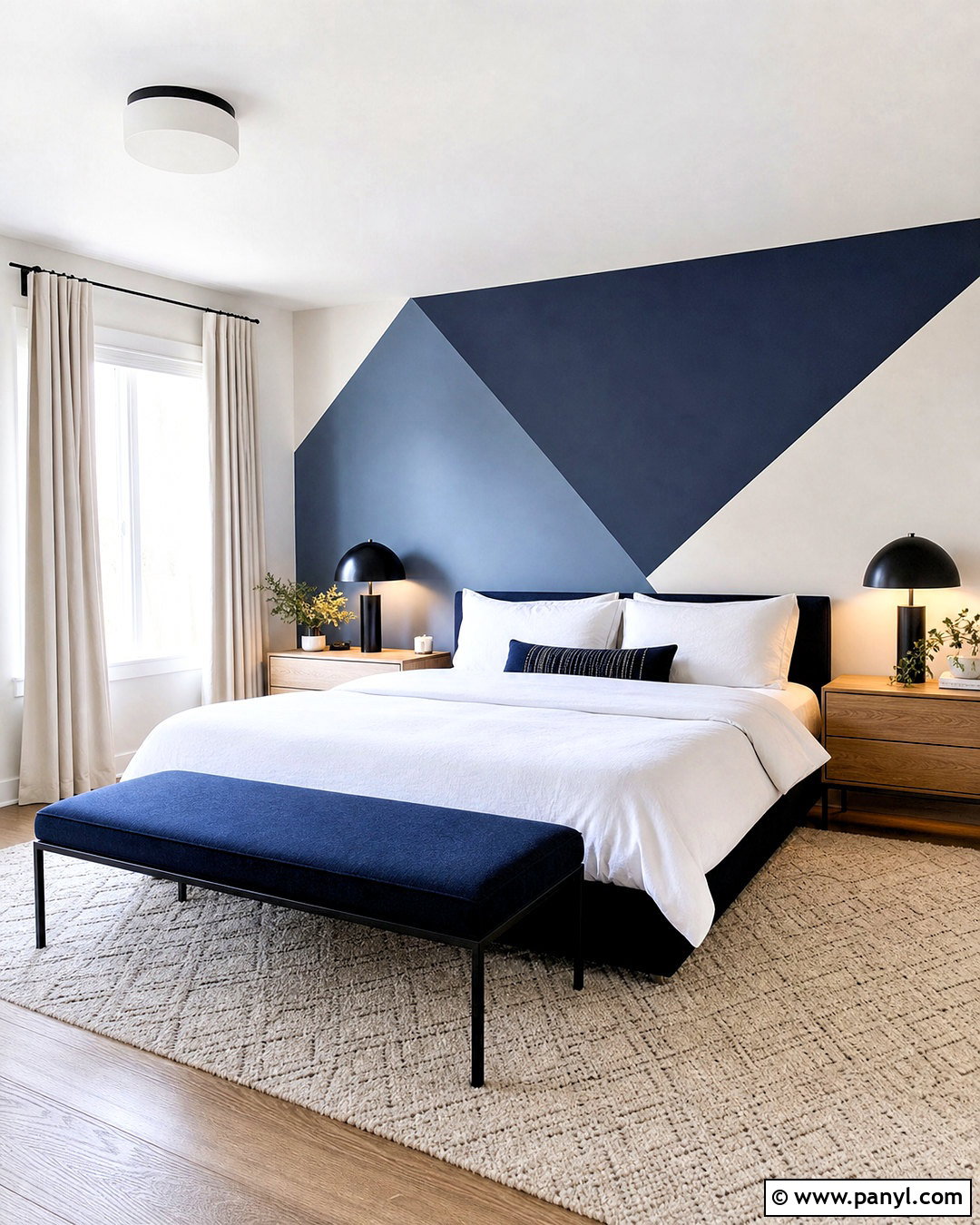 Dark Blue Geometric Accent Wall - 20 dark blue accent wall bedroom ideas