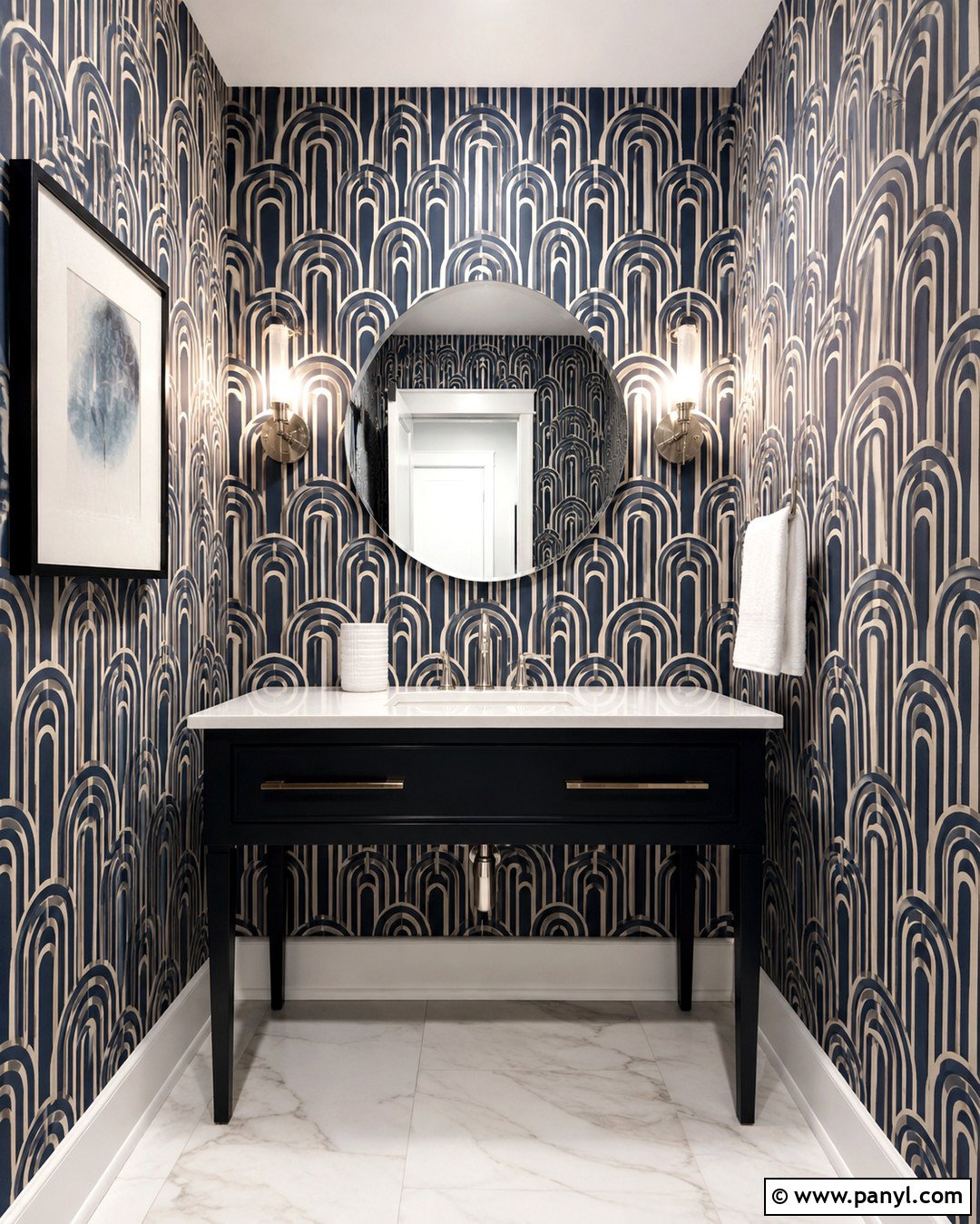 Dark Blue Geometric Powder Room - 20 Dark Blue Wall Bathroom Ideas