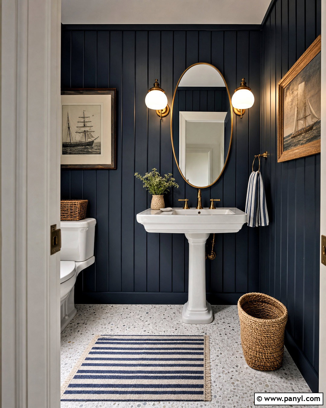Dark Blue Half Bathroom With Wall Paneling - 20 dark half bathroom ideas