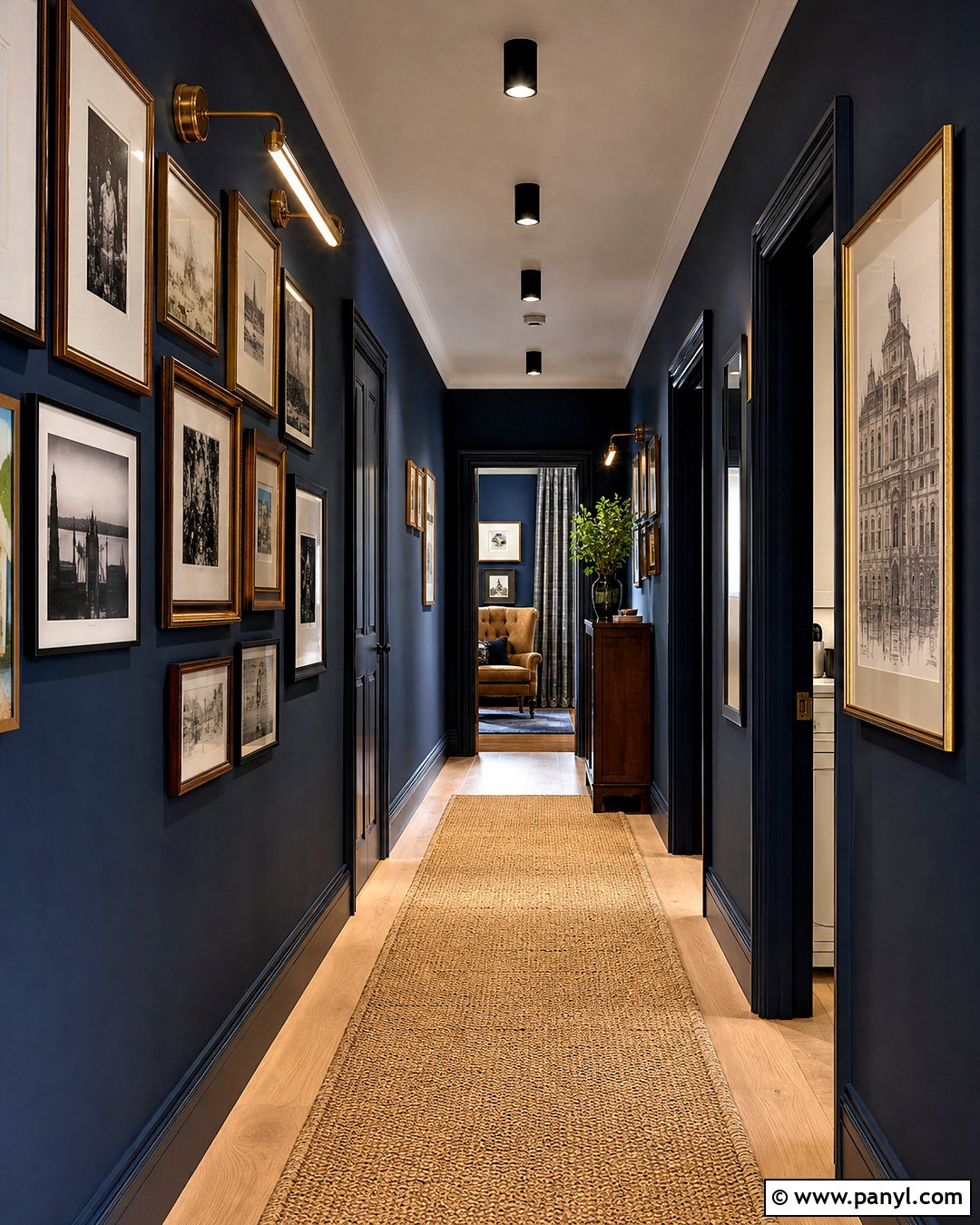Dark Blue Hallway With Gallery Wall - 20 dark blue interior ideas