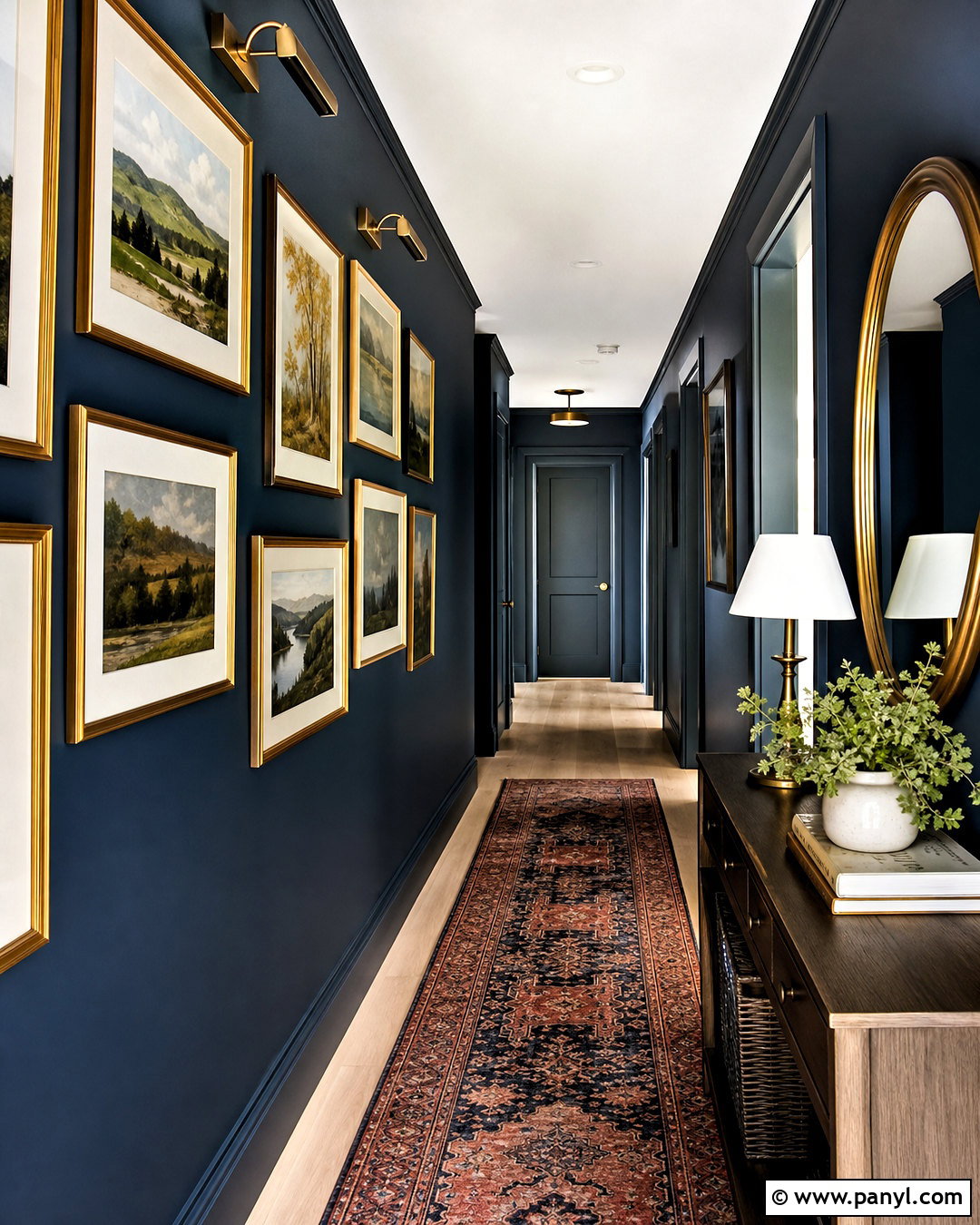 Dark Blue Hallway With Gallery Wall - 20 dark blue interior design ideas