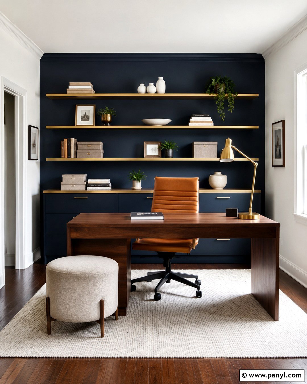 Dark Blue Home Office Wall With Gold Shelves - 20 Dark Blue Wall With Gold Accents
