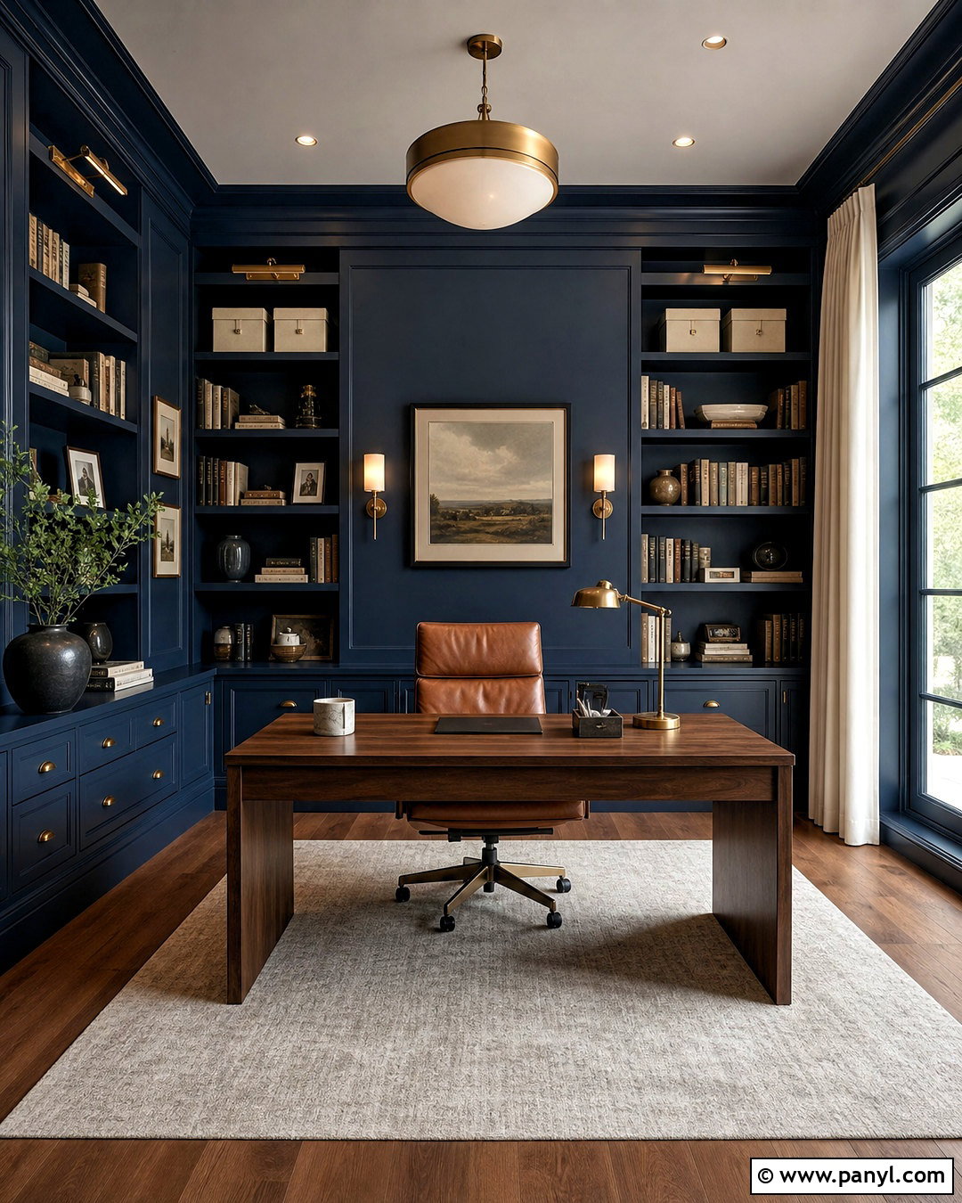 Dark Blue Home Office With Built-In Shelves - 20 dark blue interior ideas